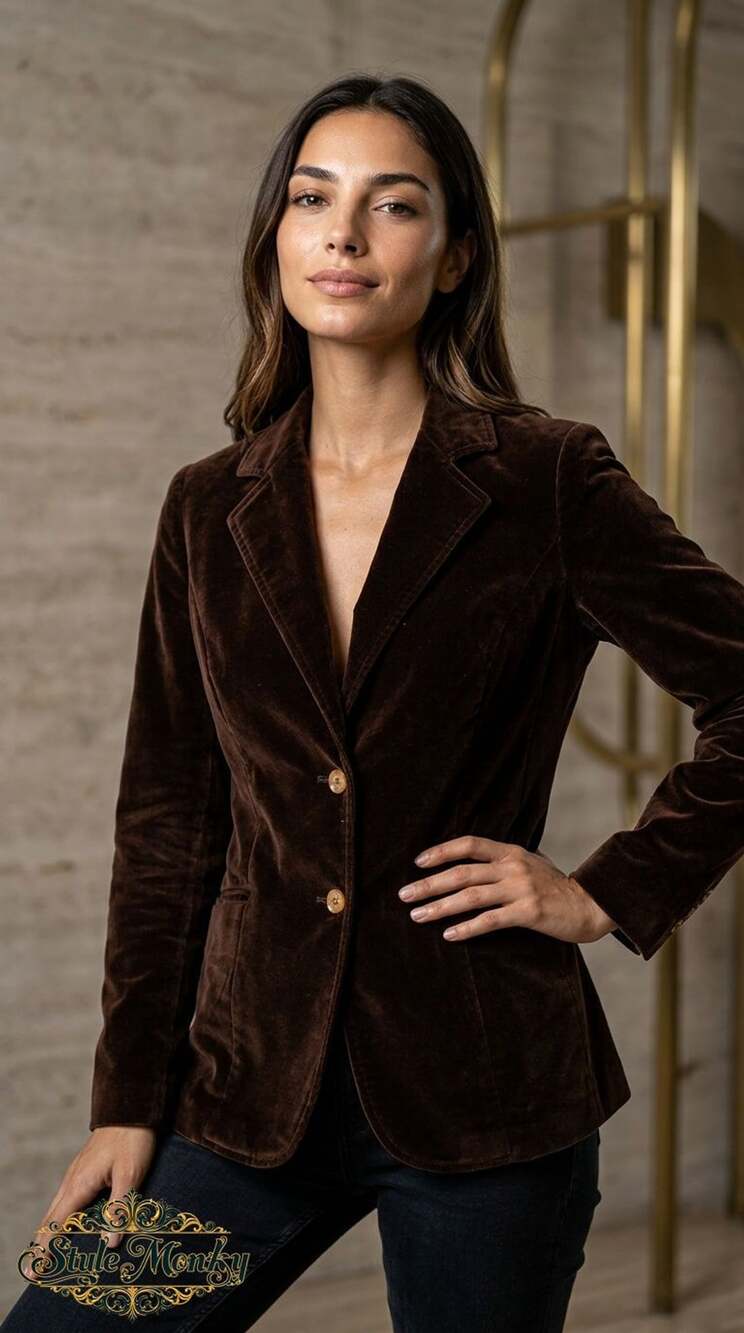 Multiple Choice Vintage Brown Velvet Blazer Jacket with Peak Lapels